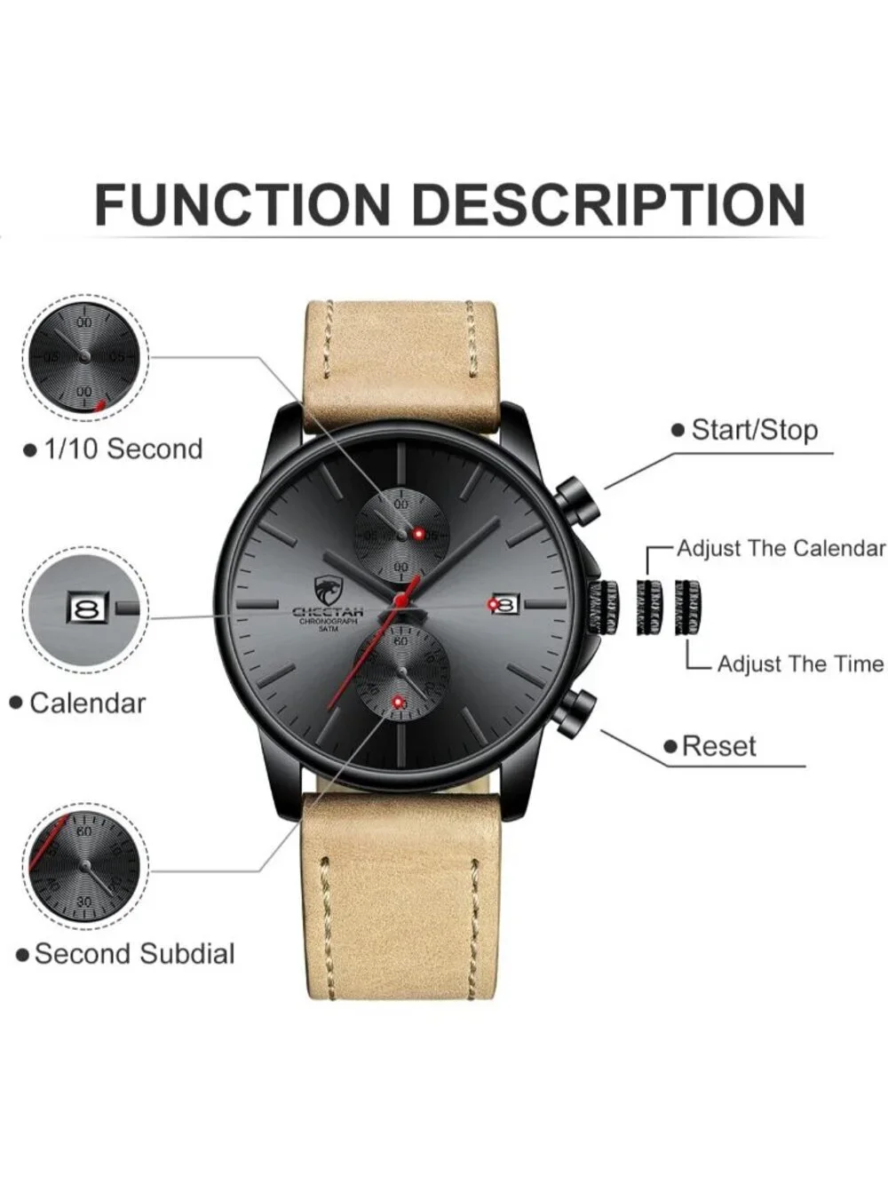 Men's Brown Black Quartz Analog Leather Strap Stainless Steel Chronograph Watch